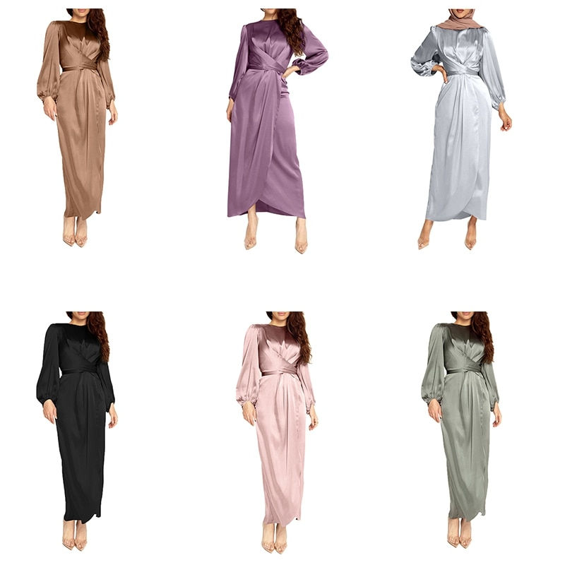Miniatyrbild: Etosell Women Arab Muslim Satin Puff Long Sleeve Maxi Dress Solid Color Wrap