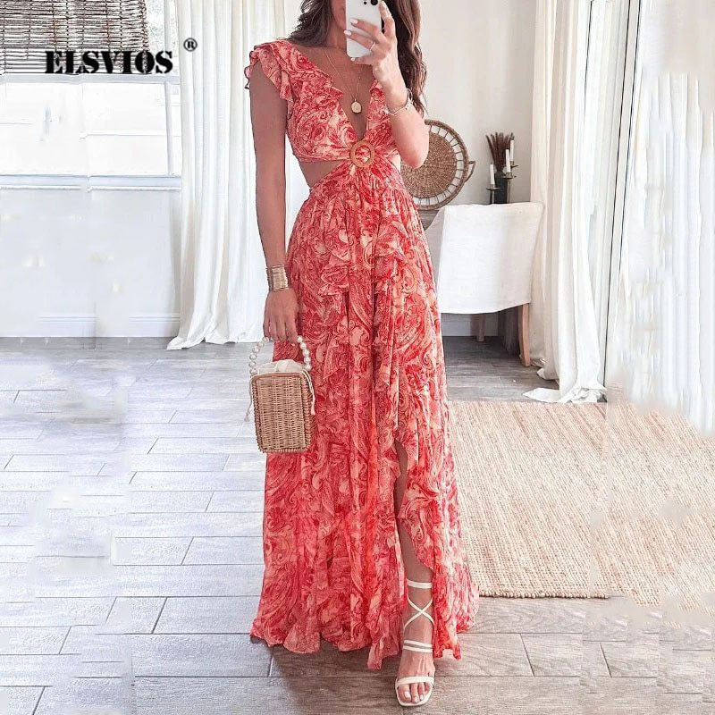 Sličica: Hollowed Out Backless Cute Deep V Ncek Summer Women Print Split Long Dress Irre
