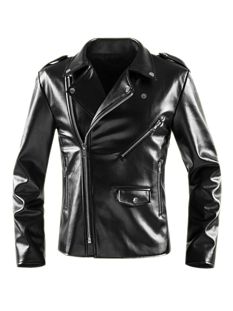 Thumbnail: Mauroicardi Spring Autumn Short Fitted Cool Black Faux Leather Biker Jacket Men