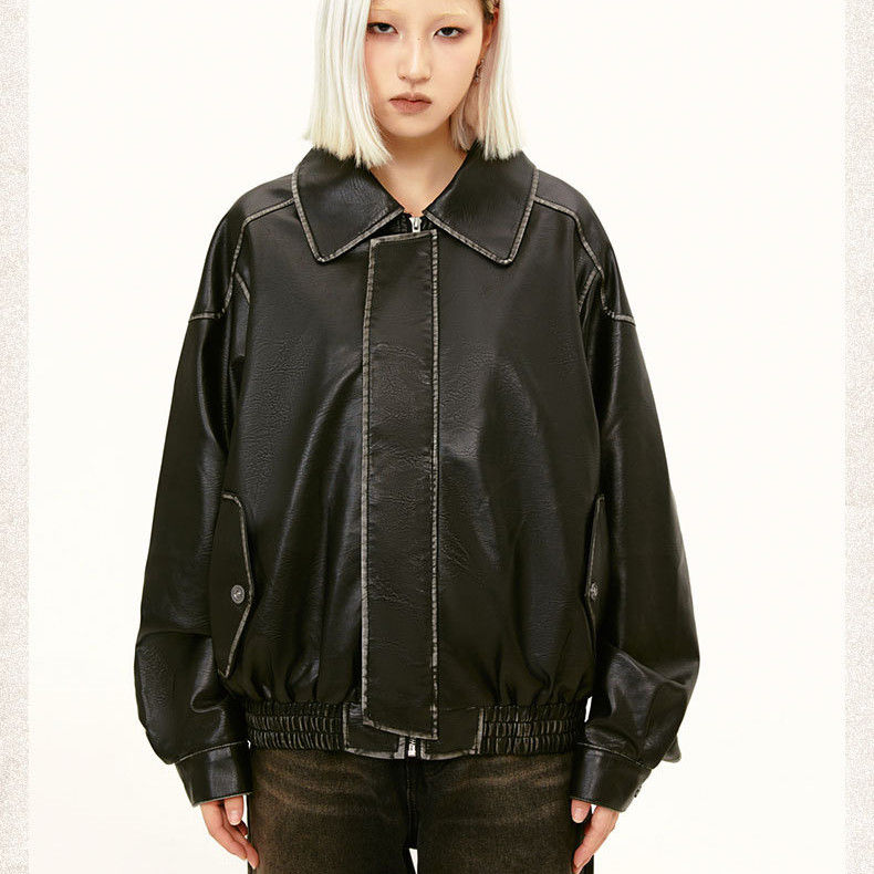 Minijatura: American Retro Maillard Distressed Leather Coat Jacket