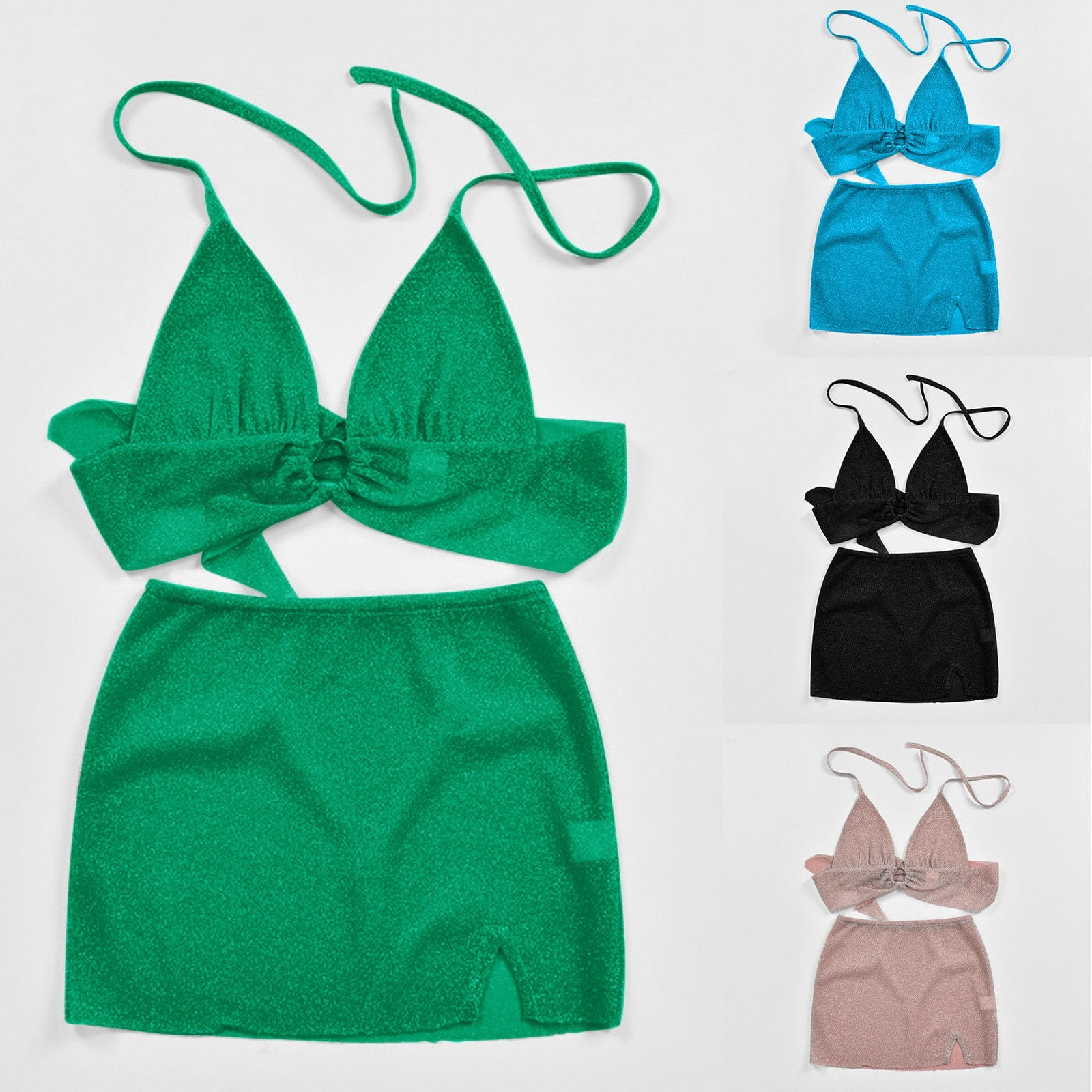 Beach Mini Dress Outfits Women's Fashion Sexy Shiny Backless Navel Lace Up Pers