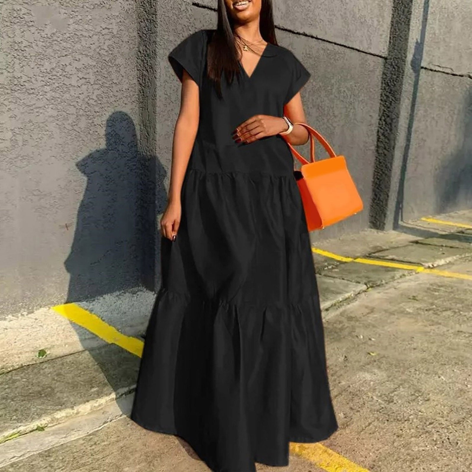 Women Casual V Neck Maxi Dress Summer Cute Short Sleeve Solid Loose Dresses 202