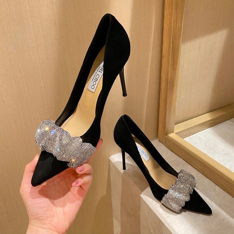 Miniaturbild: 2022 New Women Shallow Mouth Satin Black Pointed Toe High Heels Bowknot Rhinest