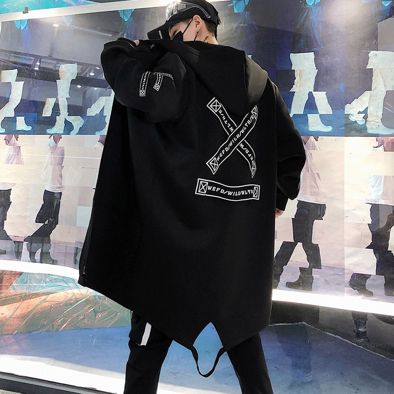 Thumbnail: Men Streetwear Black Jackets And Coats Hip Hop Harajuku Hooded Men's Windbreake