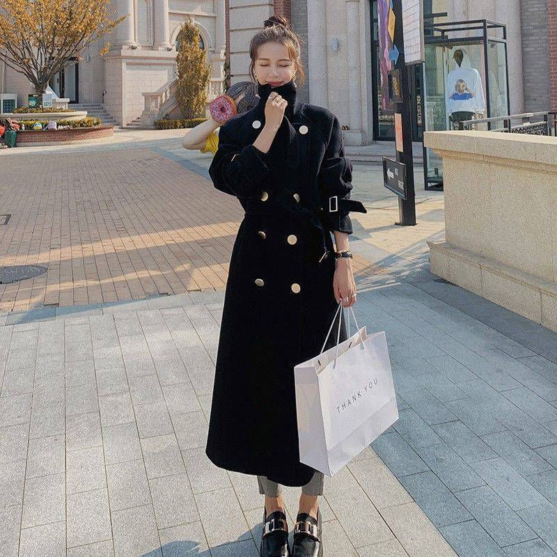 Thumbnail: Black Woolen Coat Women's Mid-length