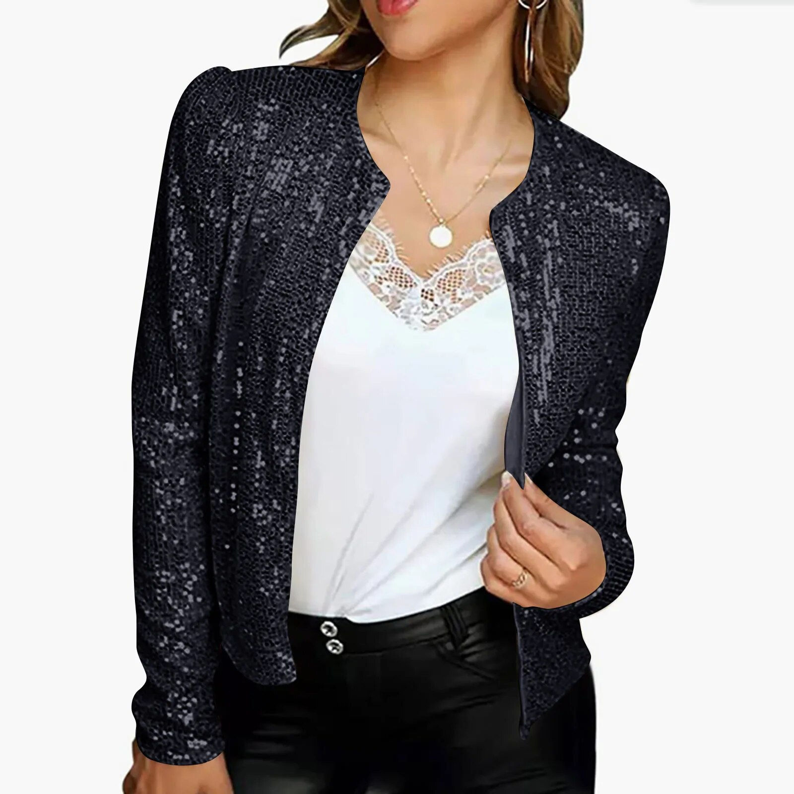 Plus Size Women'S Cardigan Long Sleeve Shiny Sequin Coat Open Front Casual Fema