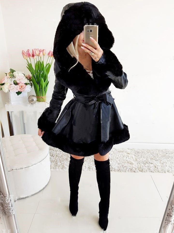 Faux Fur Leather Jacket Women Winter Warm Skirt Belt Turn-down Collar Long Slee