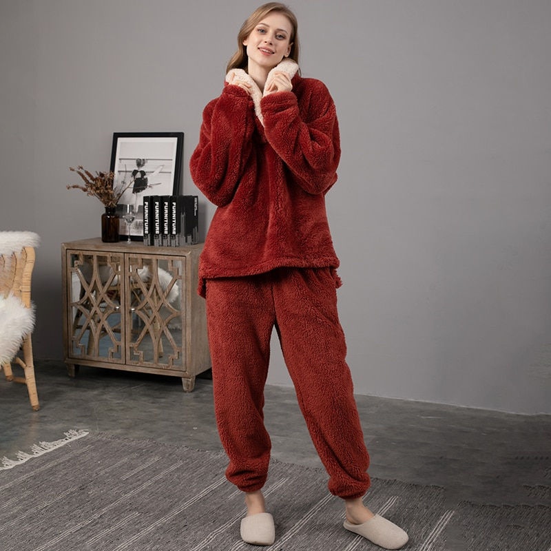 Miniaturebillede: ATUENDO Winter Warm Velvet Solid Pajamas Sets for Women 100% Flannel