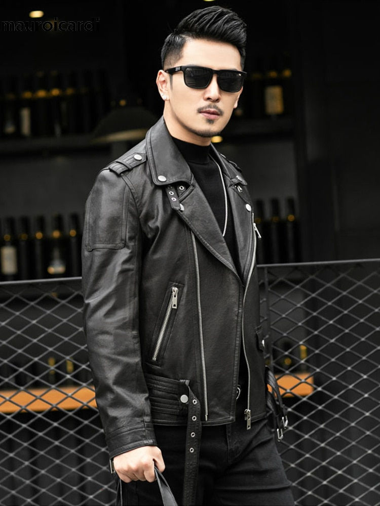 Thumbnail: Mauroicardi Spring Autumn Short Cool Black Leather Biker Jacket Men Zipper Long