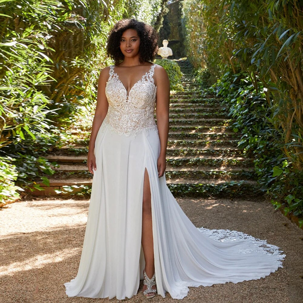 Chiffon Wedding Dresses Plus Size Deep V Neck Sleeveless Bride Gowns Appliques