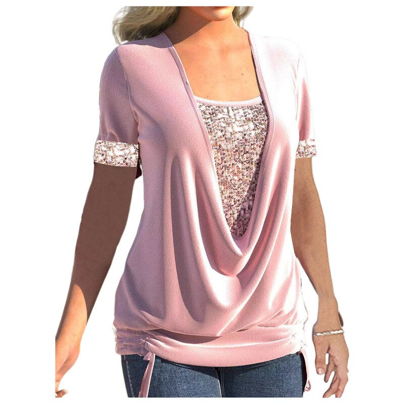 Thumbnail: Women Plus Size Short Sleeve Sequins Patchwork Round neck Women Top Casual Fake