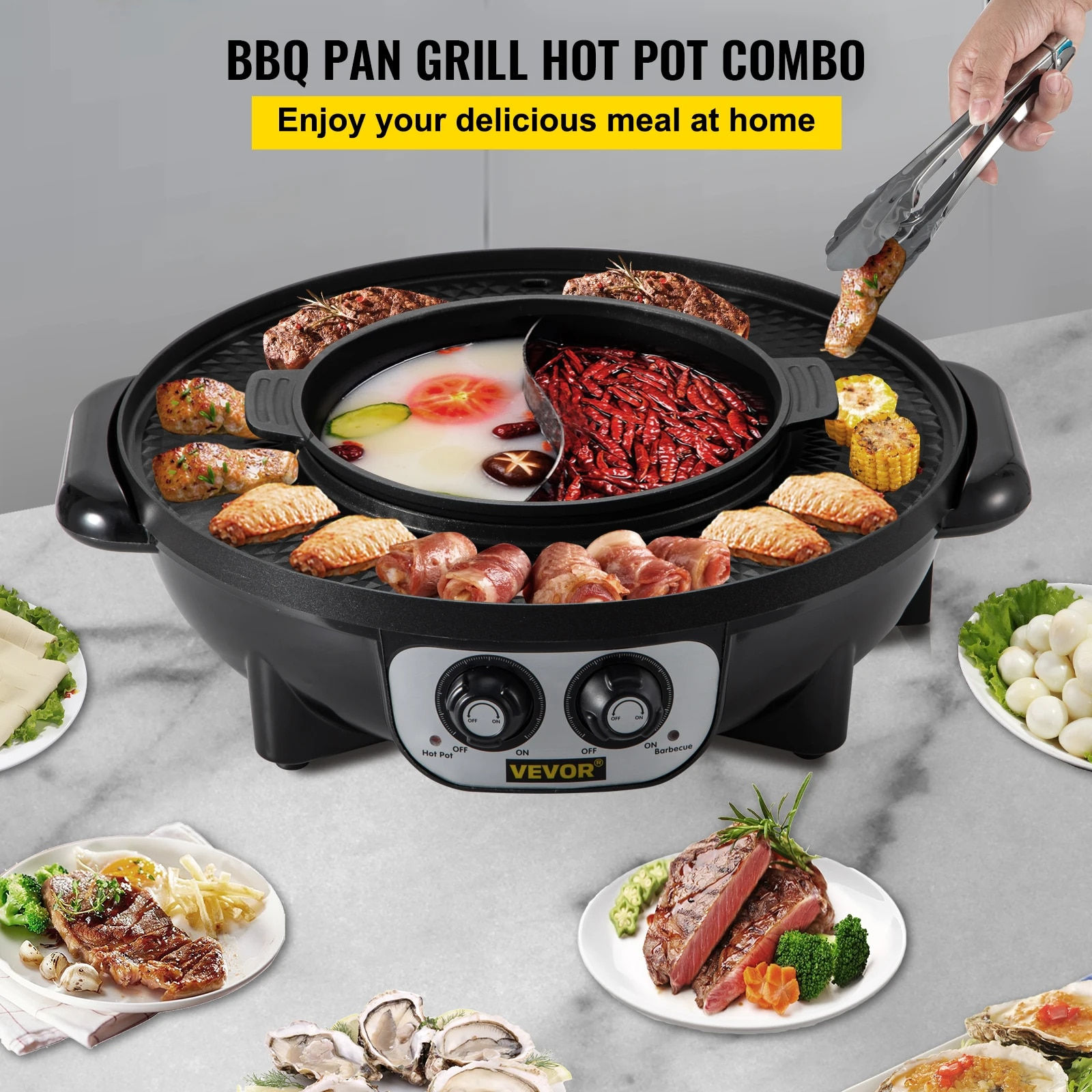 VEVOR 2 in 1 Electric Hot Pot BBQ Grill 2200W Multifunction Portable Home Non-S