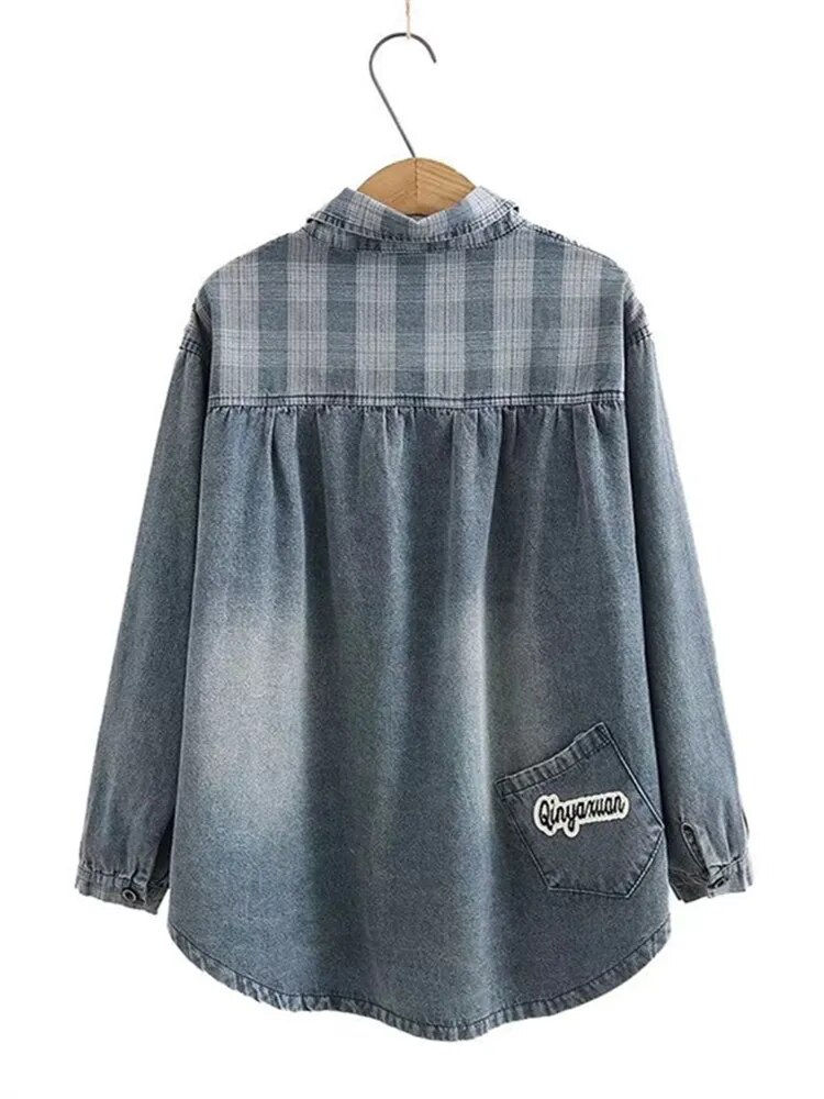 Plus Size Women's Clothing Denim Shirt Spring Autumn Thin Stitched Loose Denim