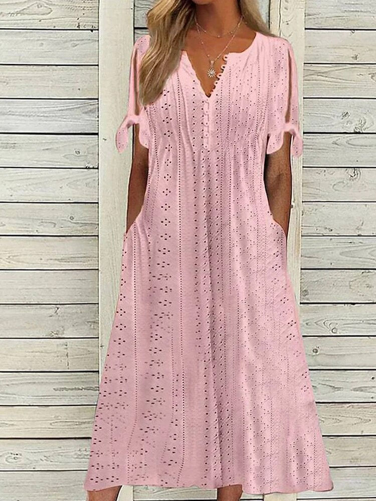 Thumbnail: Summer New Women's Dress With Hollow Out V-neck Lace Ruffles Chic Elegant Long