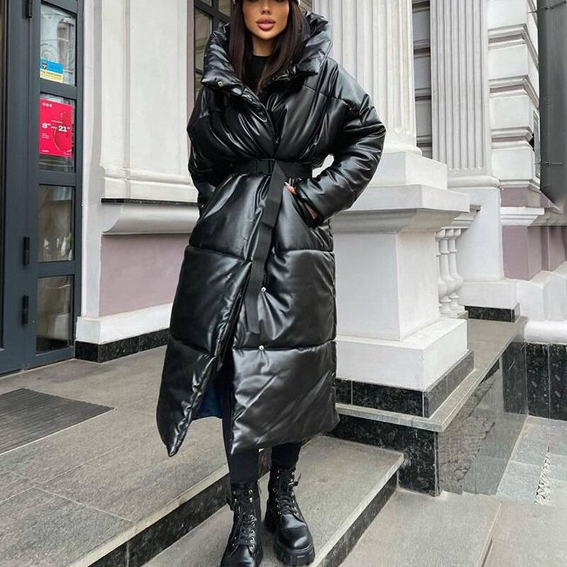 Thumbnail: Hooded PU Parkas Women Fashion Tie Belt Coats Women Elegant Solid Faux Leather