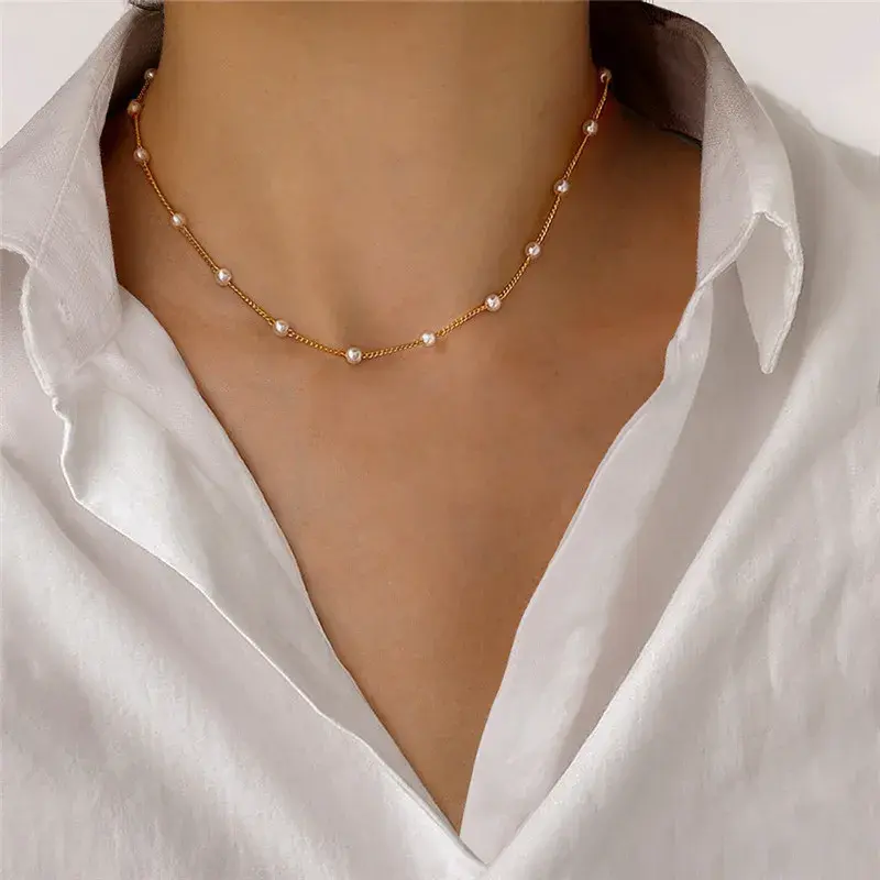 Thumbnail: Simple Pearl Beads Chic Exquisite Necklace Gold Color Thin Chain Minimalist Cha