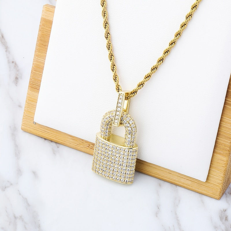 Thumbnail: TOPGRILLZ Hip Hop Bling Lock Pendant Iced Out Bling Cubic Zircon Necklace For