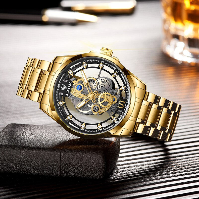 Thumbnail: New Men Watch Skeleton Quartz Wristwatch Gold Skeleton Retro Man Watch Top Bran