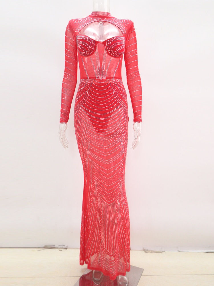 Thumbnail: Kricesseen Sexy Shine Rhinestone Crystal Mesh Sheer Maxi Dress New Women