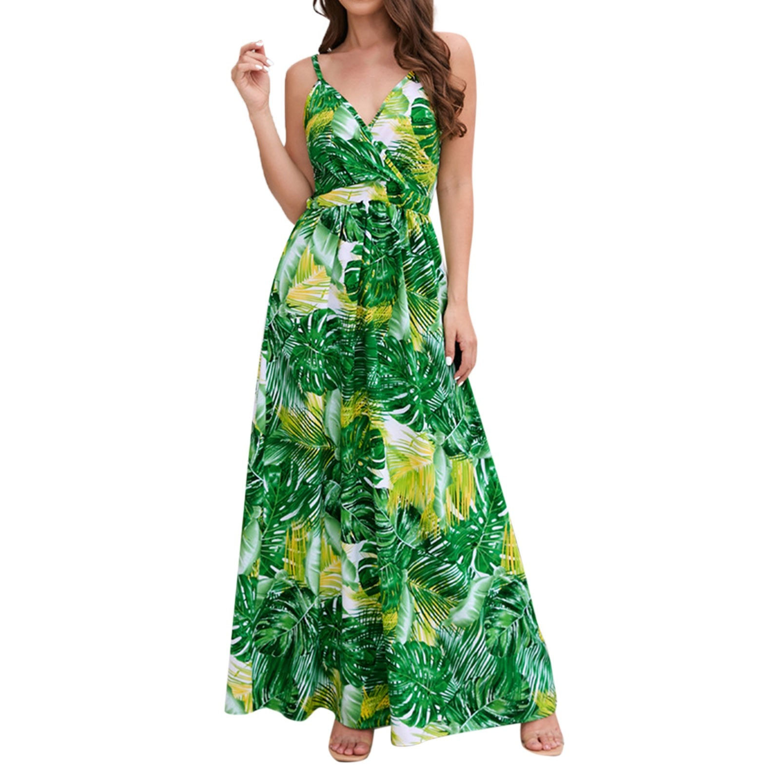 Women Cute Spaghetti Strap Bohemian Dress Summer Floral Leafs Print Long Dresse