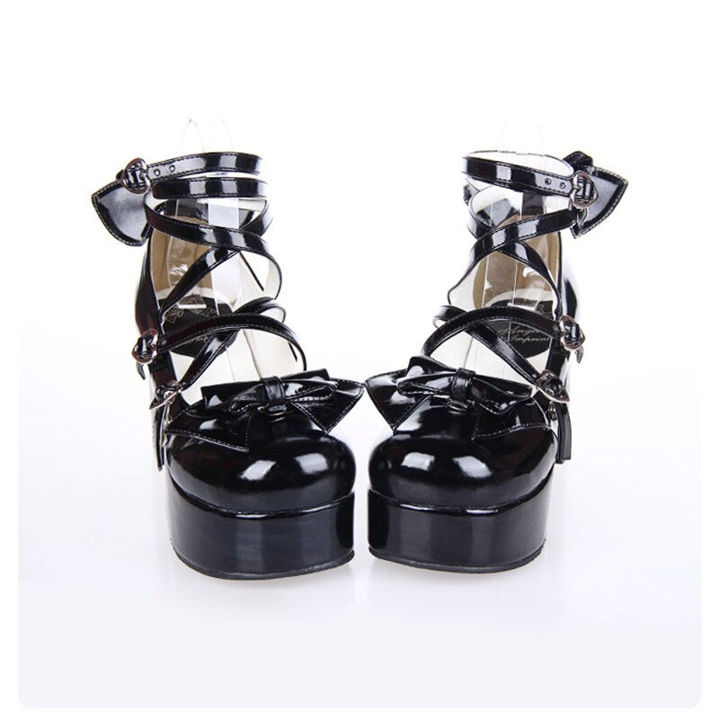 Thumbnail: 8cm Chunky Heel Black Leather Strappy Lolita Shoes Sweet Bow Round Toe