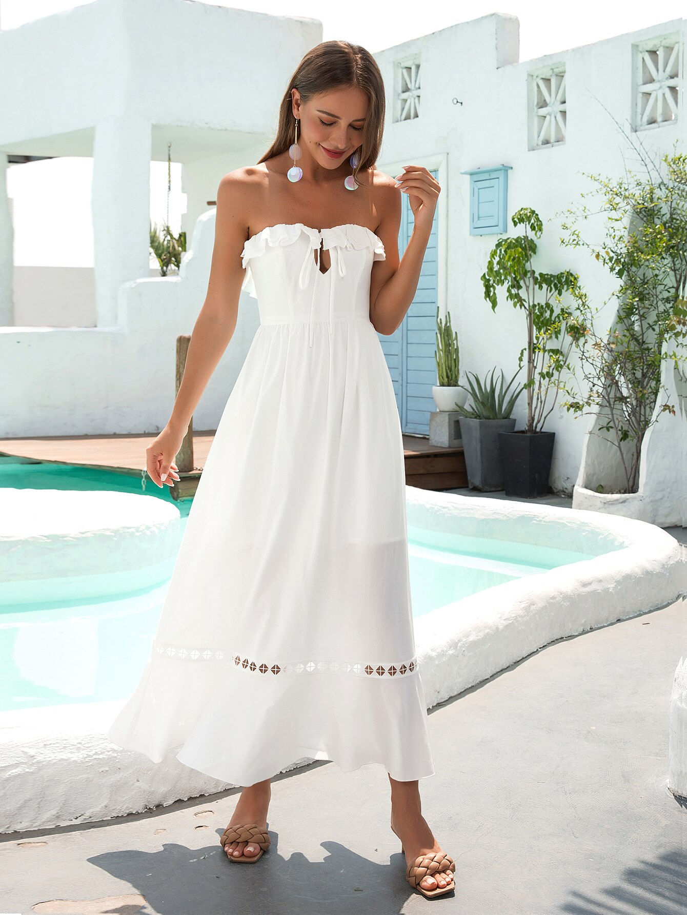 Angel-fashions Women's Strapless Ruffles Tie Front Frill Trim Eyelet Lace A-Line
