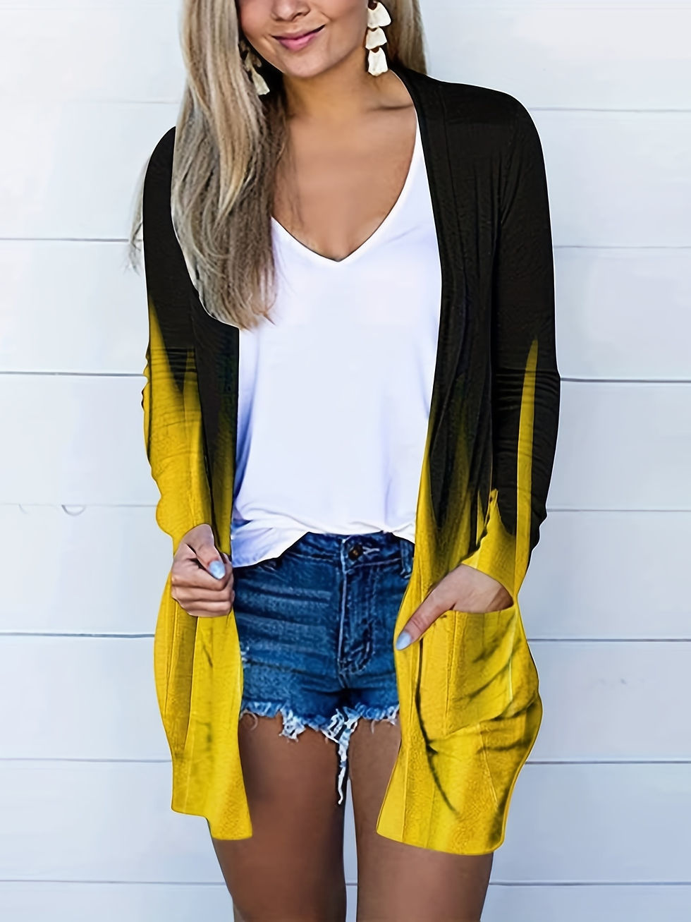 ภาพขนาดย่อ: 2023 Autumn/Winter Plus Size Cardigan, Gradual Print Casual Long Sleeve Pocket
