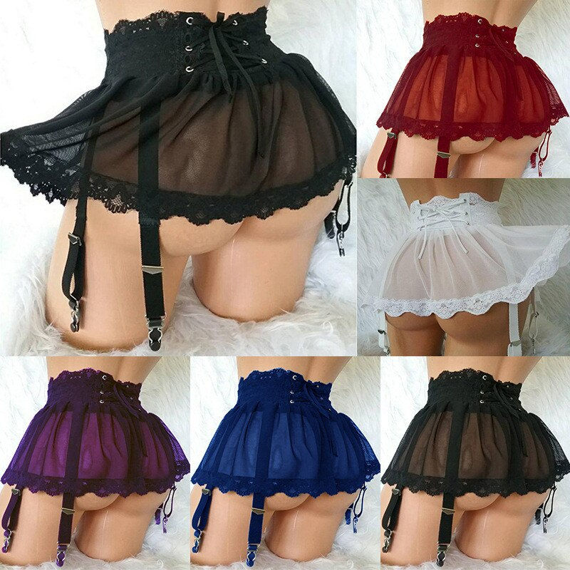 Thumbnail: Hot Sexy Garters Lingerie Plus Size Women Five Colors Lace Mesh Skirt Suspenders