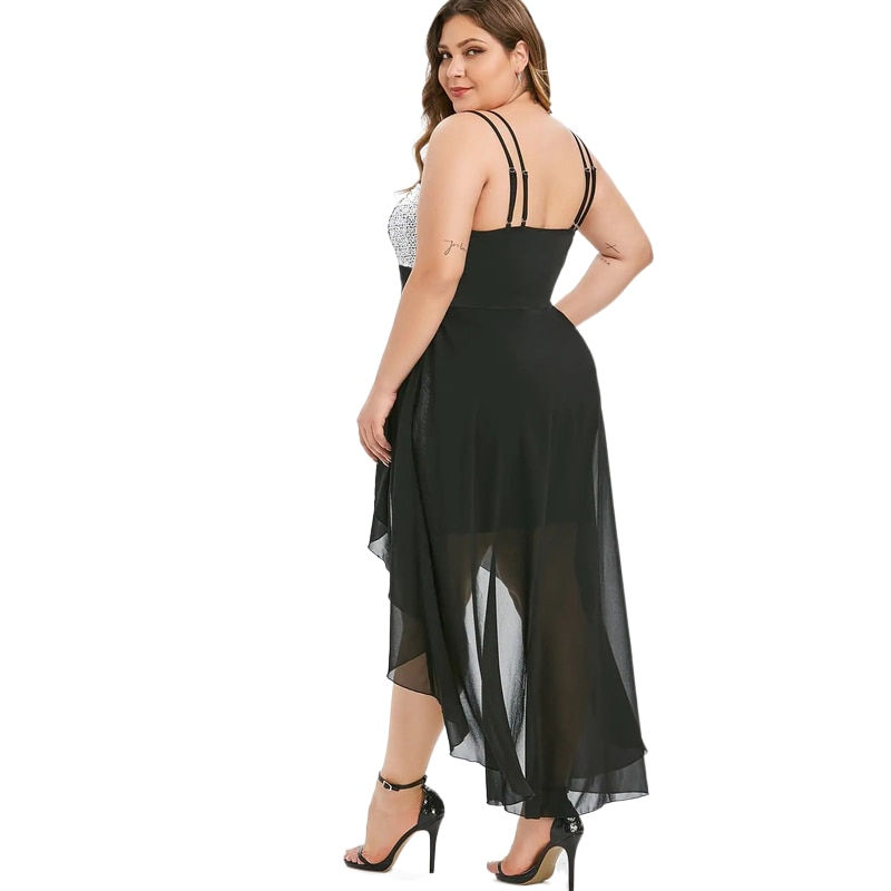 Indexkép: Plus Size Sequines Asymmetric Hem Dress Spaghetti Strap Sleeveless Summer Mesh