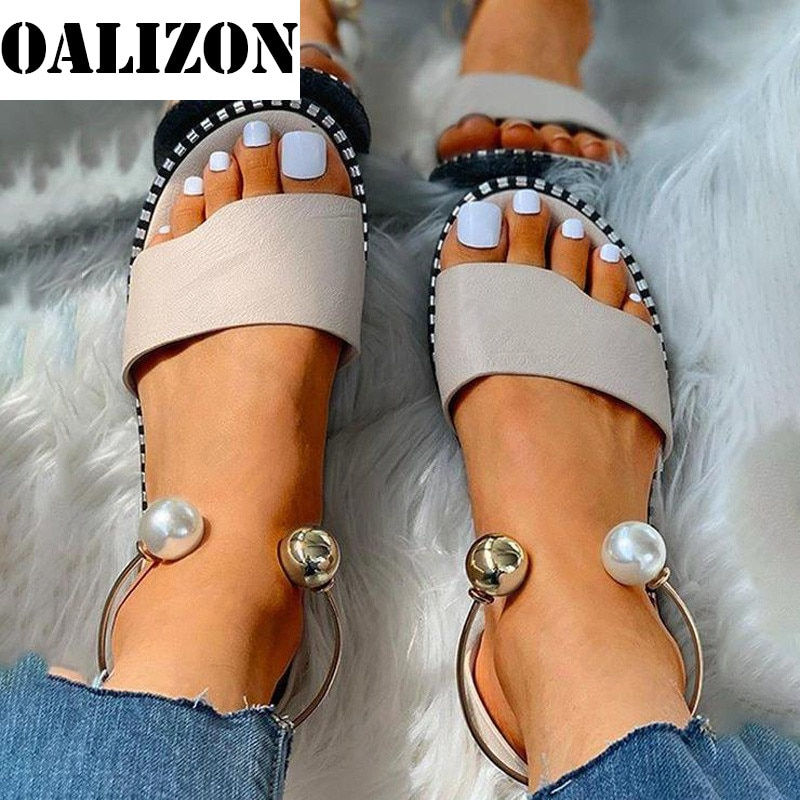 Thumbnail: 2023 New Summer Women Beaded Pearly Sandals Slippers Shoes Ladies Flats Sandals