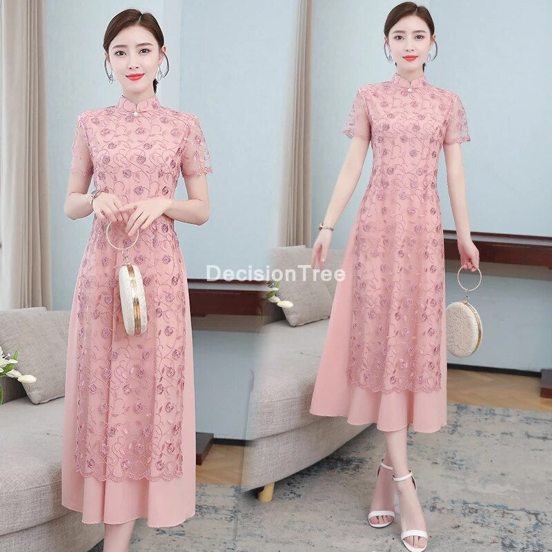 الصورة المصغرة: 2022 ao dai cheongsam folk style vietnam chiffon aodai graceful stand collar el