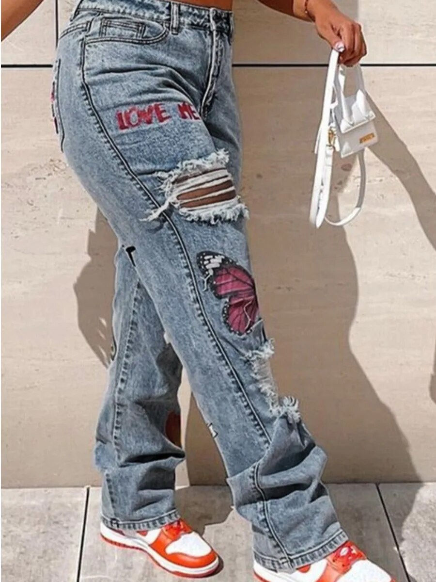 Thumbnail: 4XL 5XL LW Plus Size Women Butterfly Letter Print Ripped Jeans Daily Street Goi