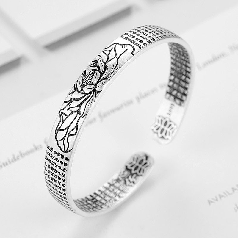 Thumbnail: Vintage Lotus Buddha Scripture Carving Cuff Bangle for Fashion Classic Jewelry