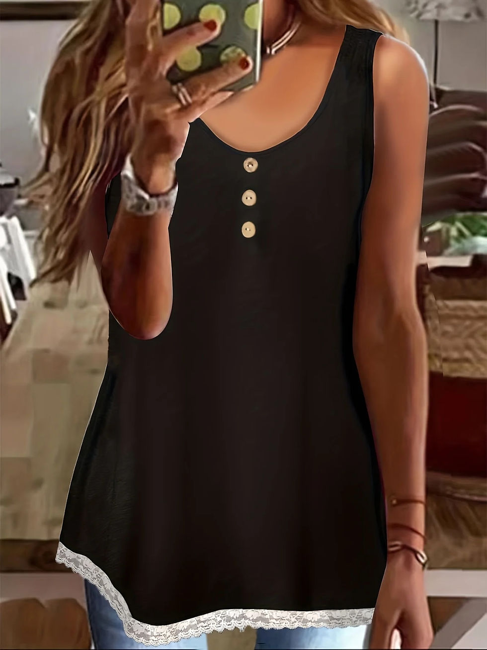 Miniatura: Plus Size Black Casual Vest Top, Women's Plus Contrast Lace Trim Button Decor R