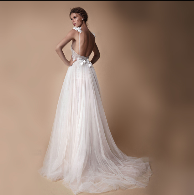 Thumbnail: Angel Wedding Dress, Diamond Lace Collar, High Slit Bridal Tail, Open Back Ligh