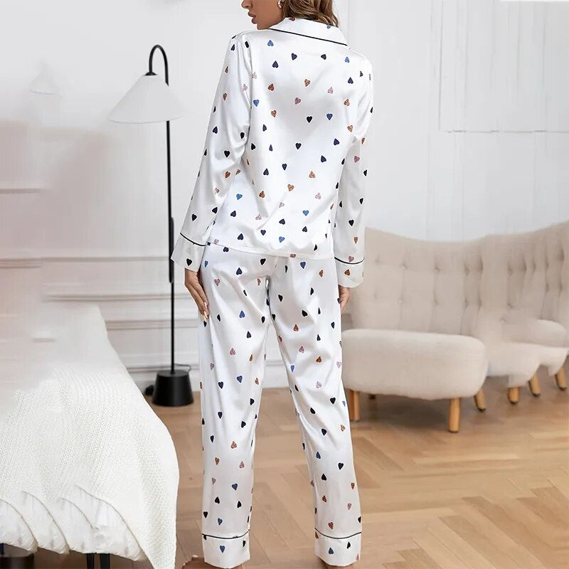 Thumbnail: New Autumn Pajamas Set Women Satin Silk Sleepwear Long Sleeved Love Printed Lap