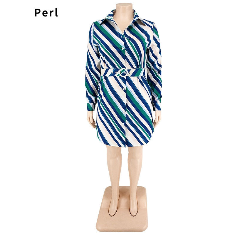 Hình thu nhỏ: Perl Plus Size Women Dress Stripe Full Sleeve Outfit with Belt One Piece T-shir