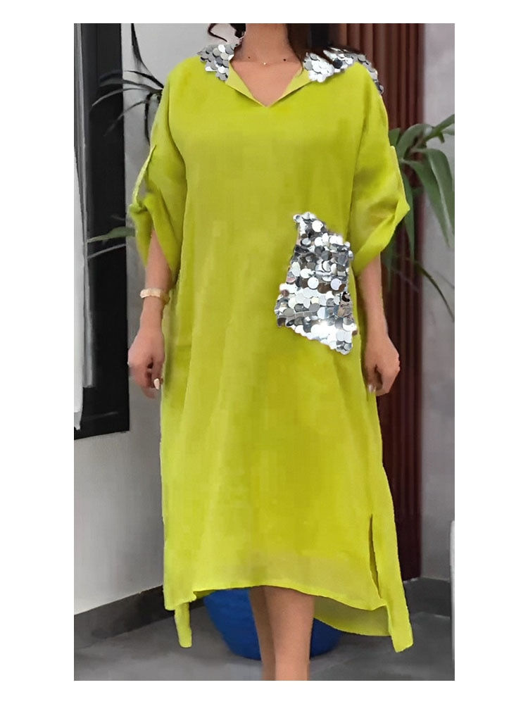 Imej kecil: New Saudi style loose large size women's dress sequin cotton linen fish scale s
