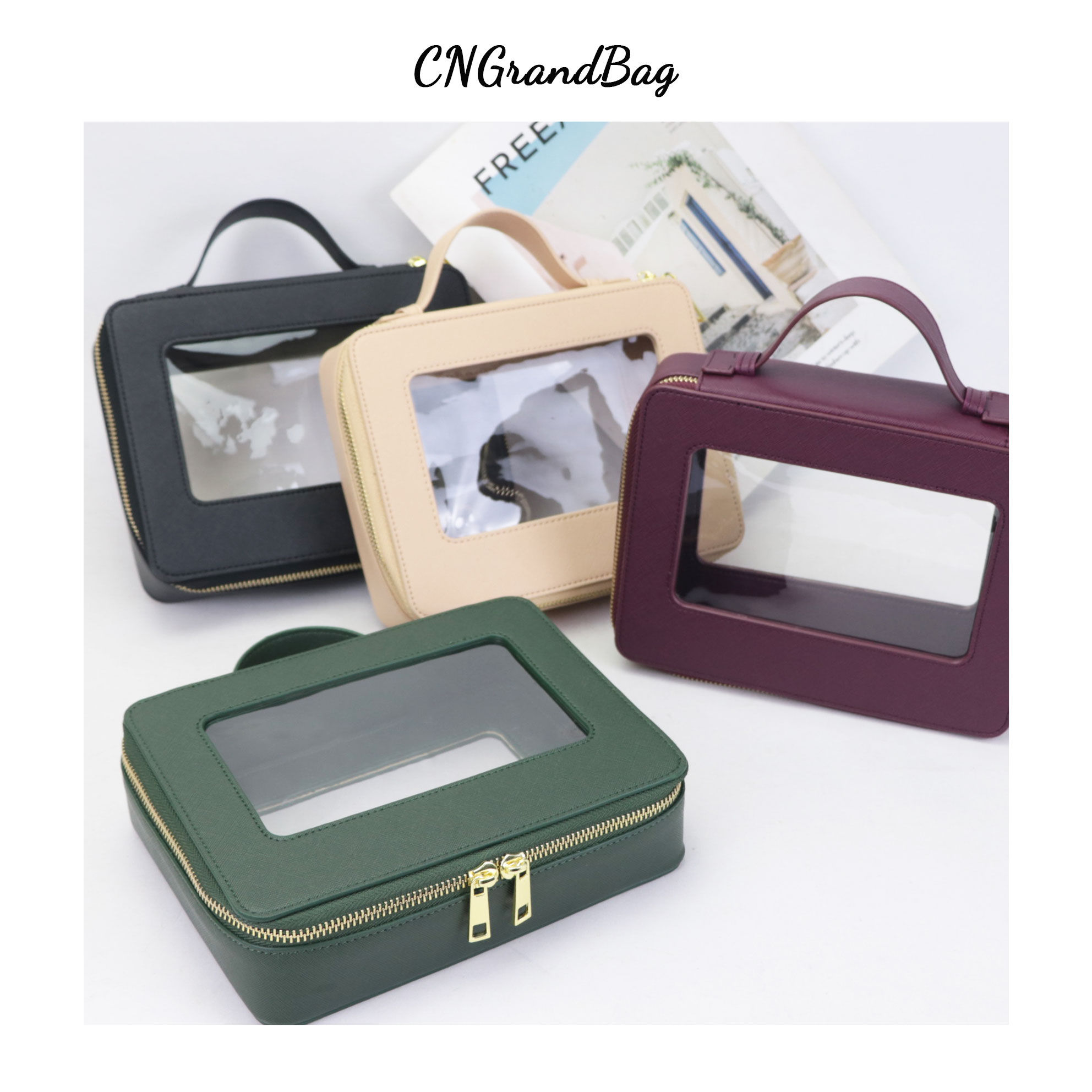 Customized Letters Colorful Saffiano Portable Cosmetic Case Travel Transparent