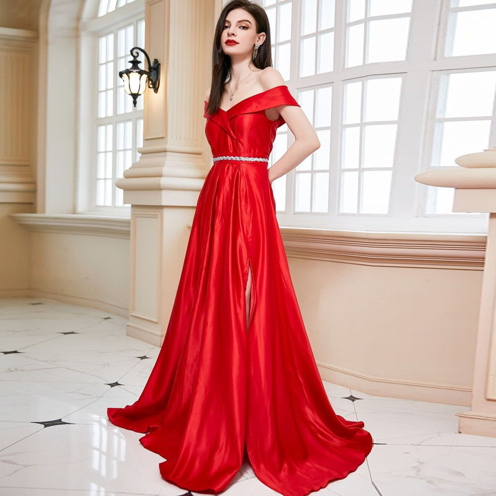 2023 Red Satin Bridesmaid Dresses for Women Off Shoulder Sexy Party Prom Gown V