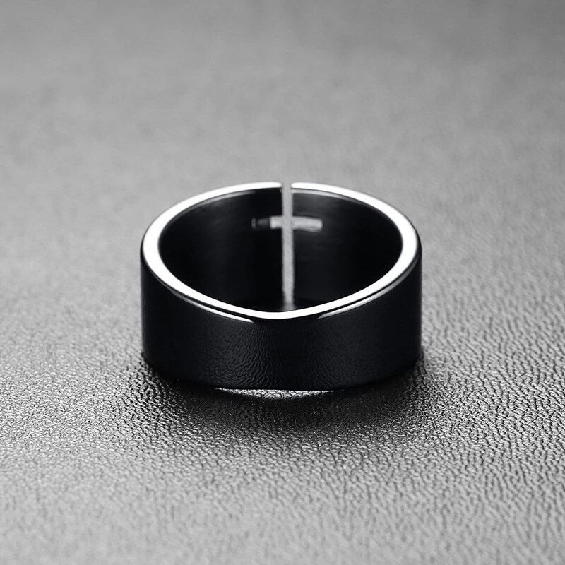 Thumbnail: Vnox Stylish Hollow Cross Ring for Men Black Stainless Steel Irregular Shape Ba