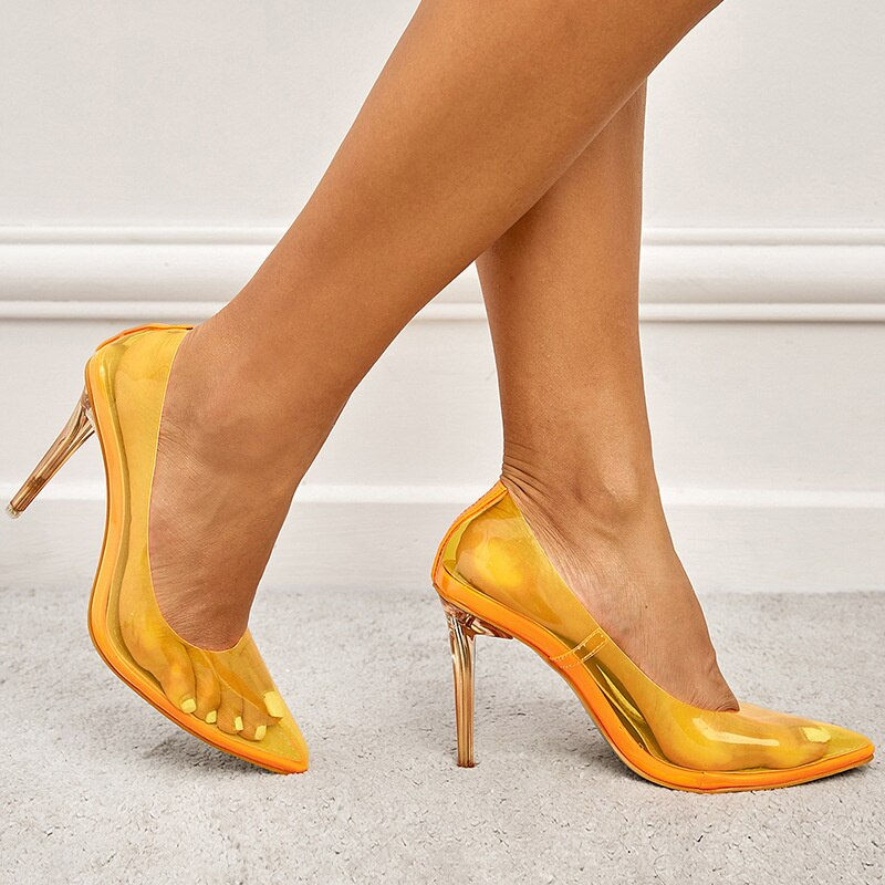 Miniatyrbild: PVC Transparent Yellow Pumps Sandals Perspex Clear Heel Stilettos High Heels Po