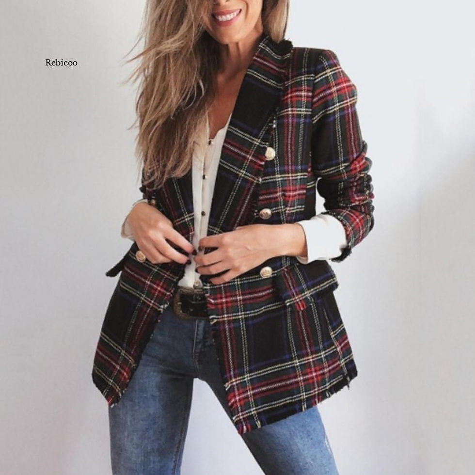Miniatura: Red Plaid Blazer Women Spring-Autumn Vintage Tweed Suits Jackets Office Ladies