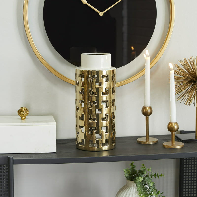 Gold Ceramic Vase with Gold Cut Out Accents Chinese vase Vases for flowers Deco