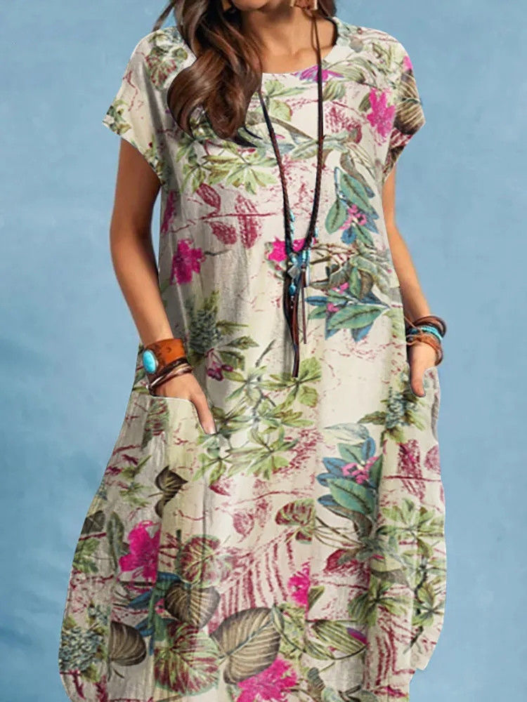 Miniaturebillede: Women's New Fashion Cotton And Linen Plant Print Round Neck Pocket Short Sleeve