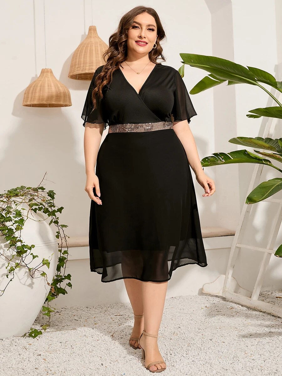 Plus Size Casual Dress Woman 2023 Summer Female V Neck Short Sleeve Sequined Wa