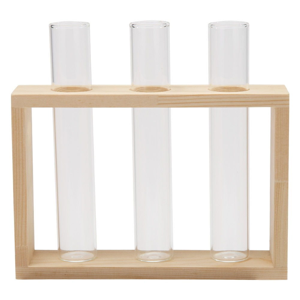 Iron Wood Frame Transparent Glass Vase Bonsai Desktop Ornament Home Office Decor