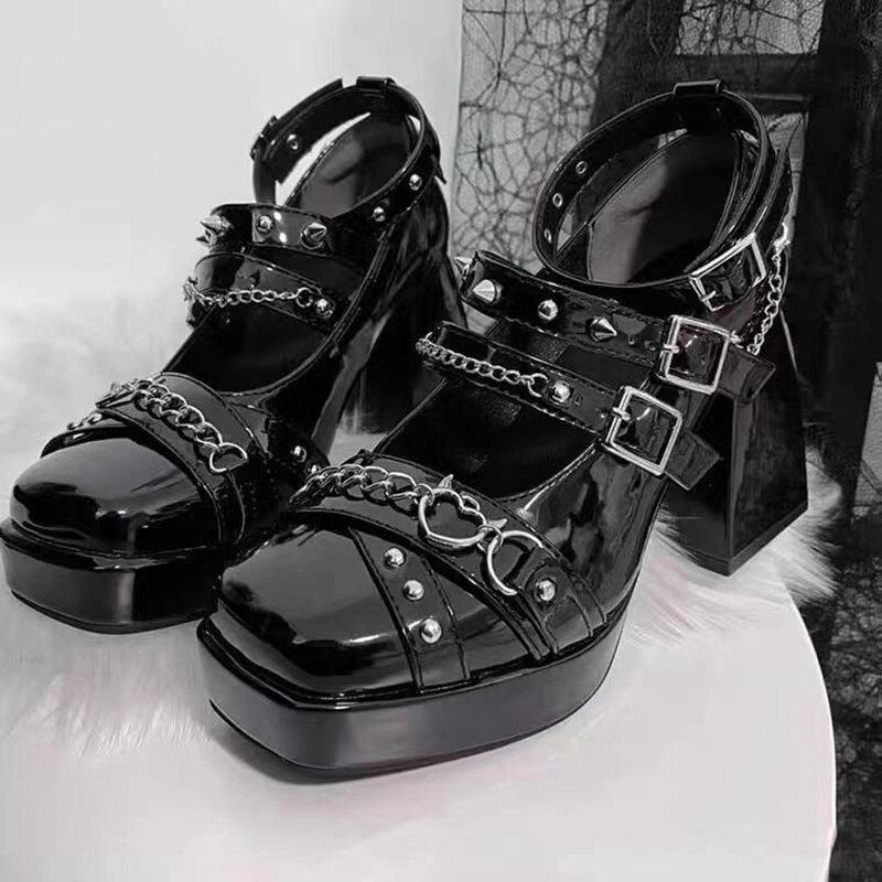 Thumbnail: Punk Rivets Metal Chain Chunky Platform Pumps Women Y2k Patent Leather Square T