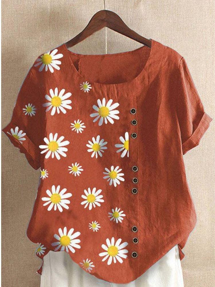 Thumbnail: Plus Size Daisy-Print Cotton Linen Shirt Casual Summer Women O-Neck Short Sleev