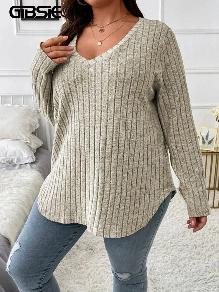 Imej kecil: GIBSIE Plus Size Women's Casual V-Neck Long Sleeve Tees Shirt 2023 Spring Autum